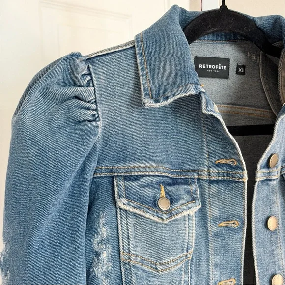 Retrofete Ada Denim Jacket in Worn Vintage Blue Size XS Puff Sleeve Distressed - Picture 4 of 8